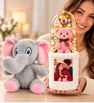 Kişiye Özel Fotoğraflı LED Fanuslu Ayıcık Buketi Peluş Fil Sevgiliye Hediye
