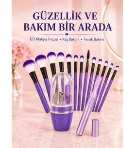Kadın Makyaj ve Kişisel Bakım Seti 12’li Mor Makyaj Fırçası Kaş Düzeltici ve Manikür Tırnak Bakım Se