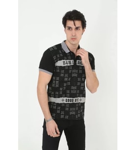 Erkek Yakalı Slim Fit Baskılı T-Shirt - Siyah