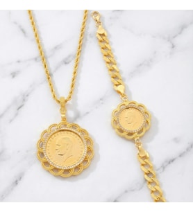 Tam Altınlı Kolye Ve Çeyrek Altınlı Bileklik Kombin BND-106 (Gold)