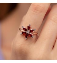 Gümüş Pazarım Yakut Renkli Aster Çiçeği Gümüş Yüzük (Rose)