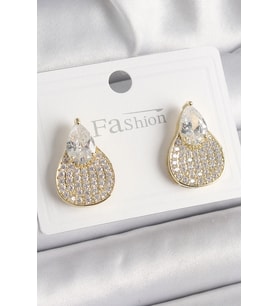 Pirinç Gold Renk Zirkon Taşlı Damla Model Kadın Küpe 5886