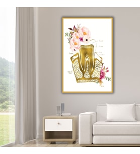 Metal Çerçeveli Cam Diş Poliklinik Tablosu Çiçekli Diş Tasarımı (Gold)