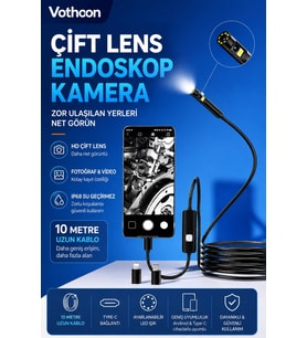 10 Metre Çift Kameralı iOS/Android Uyumlu Yılan Endoskop Kamera 8mm 2MP LED'li Sert Kablo