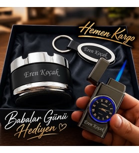 Kişiye Özel Saatli Çakmak Küllük Anahtarlık Hediye Seti l Özel Kutulu ve Hediye Paketiyle Lüks Bir Seçim