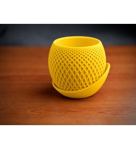 3D Baskı Küre Saksı - Kafes Dokulu İki Parçalı Dekoratif Saksı - Sarı-Sarı