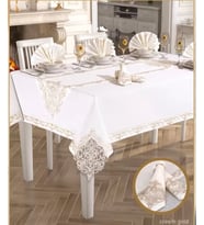 Elegant Linen Yemek Takımı Masa Seti 12 Kişilik 26 Parça Supla Runner Set Krem-Gold