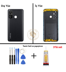 Infinix Hot 11 Siyah Uyumlu Lensli Arka Kapak + Yapıştırıcı ve Vida Seti Arka Cam Batarya Pil Kapağı