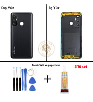 Infinix Hot 11 Siyah Uyumlu Lensli Arka Kapak + Yapıştırıcı ve Vida Seti Arka Cam Batarya Pil Kapağı