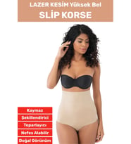 İz İç Göstermez Kaymaz Sıkılaştırıcı Vücut Şekillendirici LAZER KESİM Yüksek Bel Slip Korse (Bej)