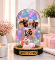 Kişiye Özel 3 Fotoğraflı ve Yazılı Renkli LED Işıklı Fanus Romantik Anlamlı Hediye (unicornlu)