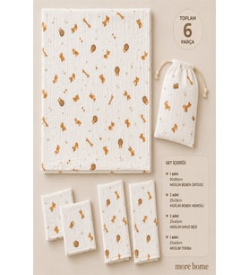 More Home Müslin Bez Battaniye Set 6 Parça Tilkili Açık Kahverengi