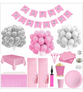 Pembe Beyaz 16 Kişilik Full Doğum Günü Seti