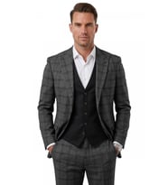 DeepSEA Erkek Antrasit Slim Fit Ekose 3’lü Takım Elbise – Siyah Yelekli Kare Desenli Takım 2601589