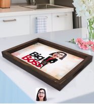 BK Gift Kişiye Özel Kadın Big Boss Karikatürlü Doğal Ahşap Tepsi-2
