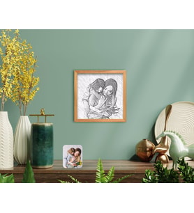 BK Home Karakalem Anne Kız Fotoğraflı El Yapımı Ahşap Çerçeveli Tablo-1