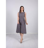 Kareli Kumaş Midi Elbise - KREM RENGİ