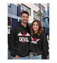 Sevgili Çift Kombin Devil & Angel Baskılı Renk Kapüşonlu Sweatshirt 2li Set Takım 3 İplik Pamuk (Siyah)