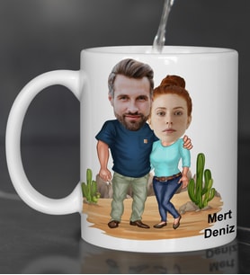 Kişiye Özel Fotoğraflı Karikatür Sevgili Çift 4 Tasarımlı Kupa Bardak