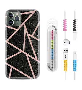 Apple iPhone 11 12 13 14 Pro Max Kılıf Kablo Koruma Spiral Silikon Pembe Şeritli Mermer 1312