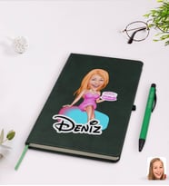 BK Gift Kişiye Özel Kadın Doğum Günü Karikatürlü Yeşil Termo Deri Defter Kalem Seti Model 2