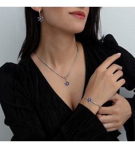 925 Ayar Gümüş Pırlanta Modeli İtalyan Zincir Mor Lotus Kolye-Bileklik-Küpe Takım, Kadın Takım