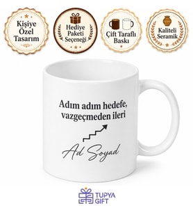 Adım Adım Hedefe Yazılı Baskılı Kupa Bardak Motivasyon Hediye