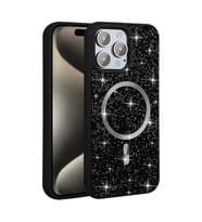 iPhone 15 Pro Kılıf Pırlanta Tasarımlı M-safe Şarj Özellikli Mozaik Silikon Kapak (Siyah)