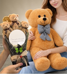 Ayıcık Buketi Seti Büyük Boy Peluş Ayıcık ve Aynalı Kahve Ayıcık Buketi (Model 1)