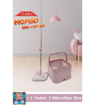 Pembe Spin Mop Seti, Kare Döner Başlıklı Islak ve Kuru Temizlik Seti