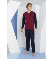 Kly 9260 Erkek V Yaka Uzun Kollu Pijama Takım (Bordo)