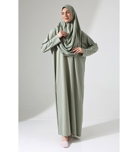 Başörtülü Tek Parça Namaz Elbisesi - Mint Yeşili - 5015