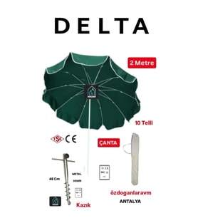 Delta Yeşil Plaj Deniz Şemsiyesi 2 Metre 10 Telli Çantalı  Metal 48  Cm Yer Sabitleme Aparatı