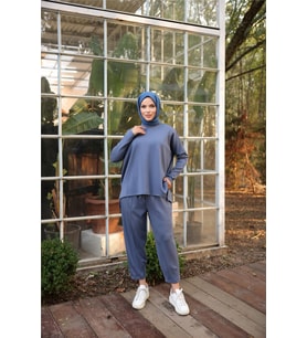 Arkası Uzun O Yaka Kısa Sweat-Pantolon İkili Eşofman Spor Takımı - (38-46) - 71216 - İndigo