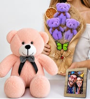 Kişiye Özel Fotoğraflı Mor Büyük Boy Peluş Ayıcık Buketi ve 50 cm Pembe Peluş Ayıcık Hediye Seti