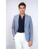 Koyu Mavi Keten Dokulu Gold Renk Metal Düğmeli Slim Fit Erkek Blazer Ceket - Wessi (Lacivert)