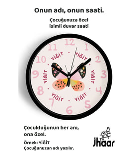İsme Özel Sevimli Renkli Kelebek Çocuk Odası Duvar Saati Orta Boy 30 cm Siyah Camlı Sessiz