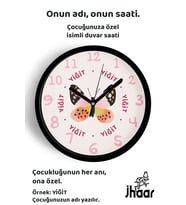 İsme Özel Sevimli Renkli Kelebek Çocuk Odası Duvar Saati Orta Boy 30 cm Siyah Camlı Sessiz