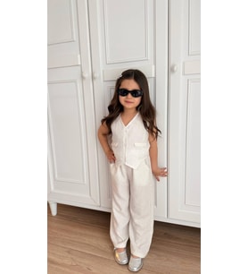 Keten Simli Kumaş Kız Çocuk Yelekli Takım - 3/10 Yaş - 31737