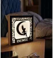 Kişiye Özel İsimli Peri ve Ay Yıldız Temalı Ahşap Gece Lambası (Parlak Beyaz)