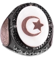 El Yapımı Desenli Yüzük - 925 Ayar Gümüş Erkek Yüzüğü - Davut Yıldızı Takısı (Yıldız ve Hilal)