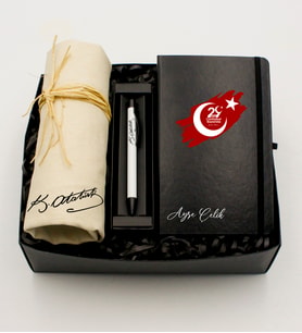 29 Ekim Tasarımlı Kanvas Bez Çanta & Kişiye Özel Siyah Defter & Beyaz Tükenmez Kalem Hediye Seti