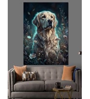 Işıltılı Galaksi İçinde Golden Retriever Dekoratif Kanvas - Mdf Ahşap Tablo