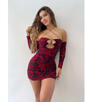 Kırmızı Flog Baskılı Mini Elbise