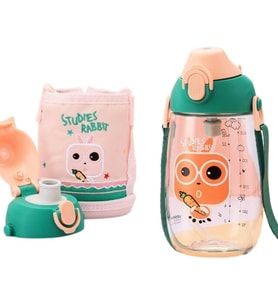 Lexroo Küçük Boy 480Ml Kılıflı Askılı Pipetli/Pipetsiz Iki Ayrı Kapaklı Tritan Çocuk Matarası