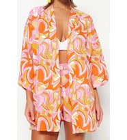 Moda Dokuma Regular Kalıp Crop V Yaka Standart Kol Vual Basic Soyut Desen Kimono Kaftan