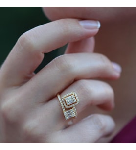 Floral Vine Halo Baget Kesim Gold Kaplama Sky Diamond Gümüş Yüzük