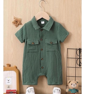 Unisex Bebek&Çocuk %100 Pamuklu Tahta Düğmeli Cepli Müslin Tulum-Yeşil