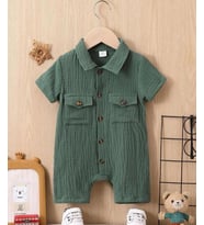 Unisex Bebek&Çocuk %100 Pamuklu Tahta Düğmeli Cepli Müslin Tulum-Yeşil