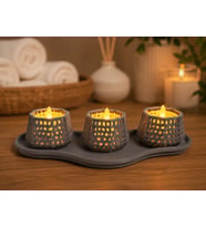 3D Baskı Dekoratif Mumluk Seti - Desenli Tealight ve Masaüstü Aydınlatma Objesi-Gri